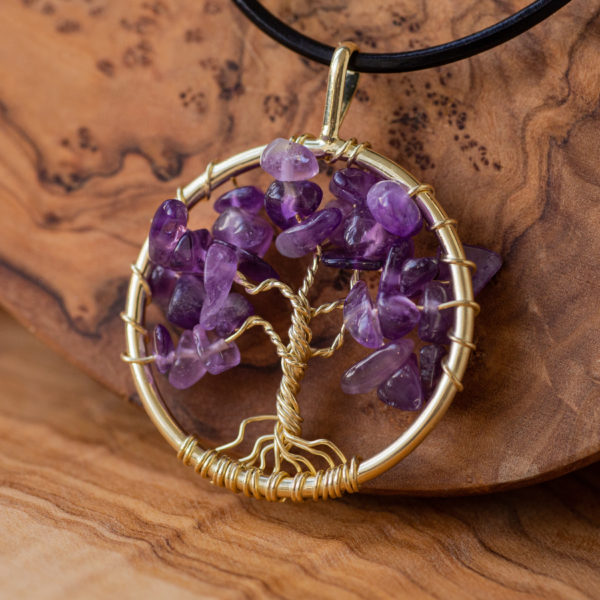 collier améthyste arbre de vie doré