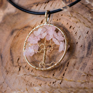 collier quartz rose arbre de vie doré