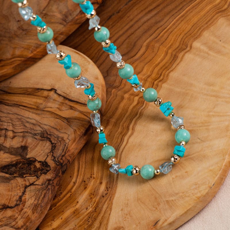 Collier En Pierres Naturelles 8 Mm - Angélite, Aigue-marine, Turquoise, Apatite - Chaîne Acier