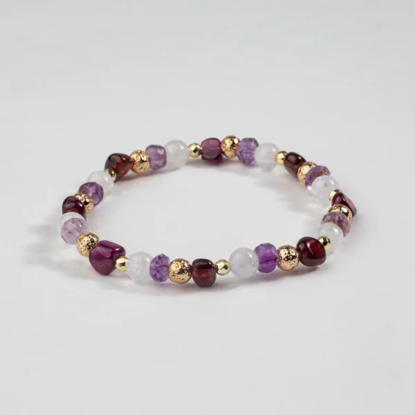 Bracelet en pierre de lune, améthyste et grenat