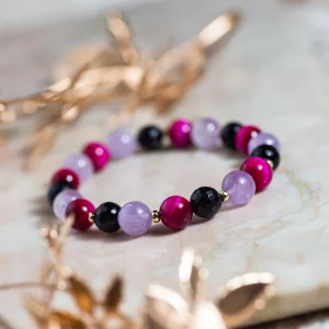 Bracelet en améthyste, oeil de tigre rose et onyx