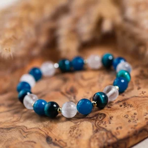 bracelet en agate bleue, sélénite et oeil de tigre bleu