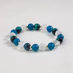 bracelet en oeil de tigre bleu, sélénite et onyx