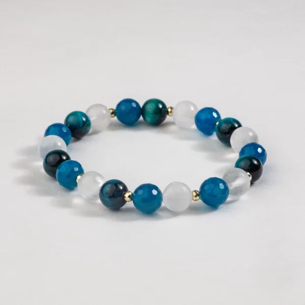 bracelet en agate bleue, sélénite et oeil de tigre bleu