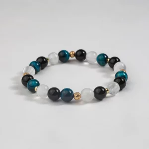 bracelet en oeil de tigre bleu, sélénite et onyx