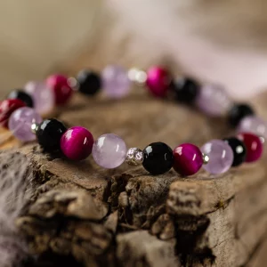 Bracelet en oeil de tigre rose, améthyste et onyx