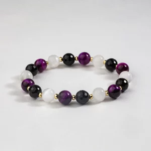 bracelet en oeil de tigre violet, sélénite et onyx