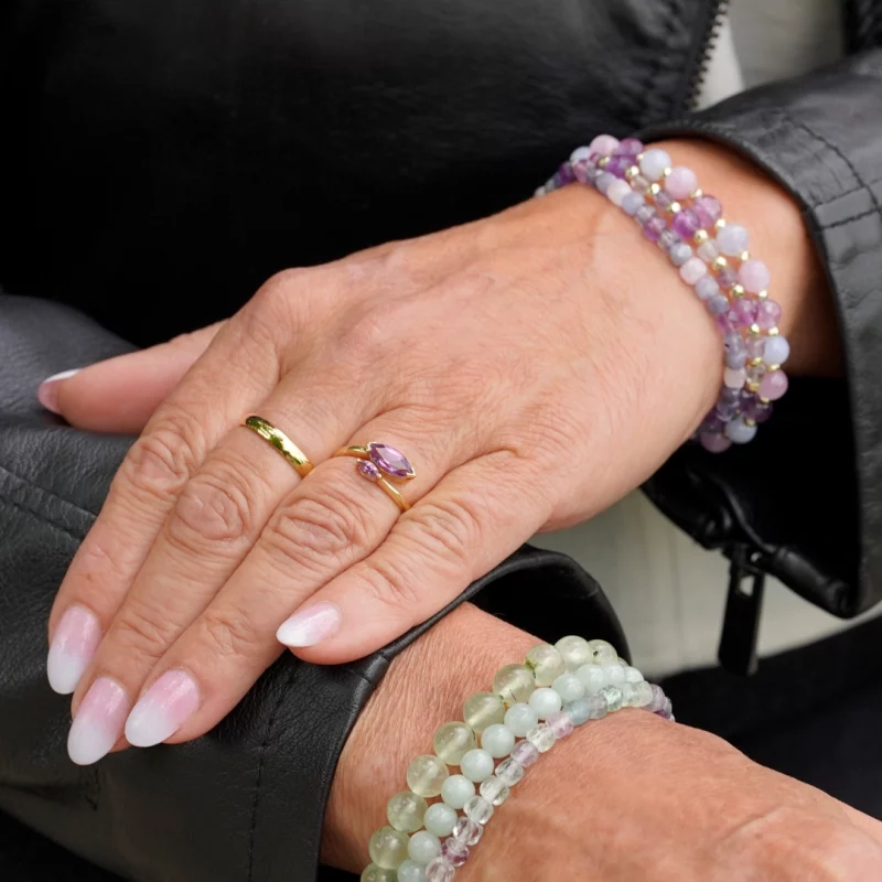 bijoux tendance en améthyste : image d'illustration avec bague et bracelets en améthyste