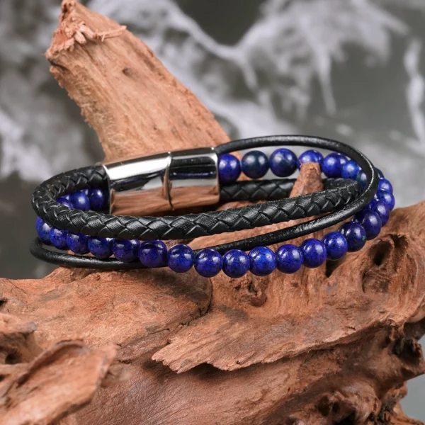 bracelet pour homme en lapis lazuli et cuir synthétique. photo avec décors