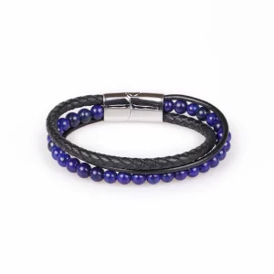 bracelet pour homme en lapis lazuli et cuir synthétique. photo sur fond blanc
