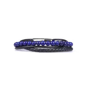 bracelet pour homme en lapis lazuli et cuir synthétique. photo sur fond blanc vue de face