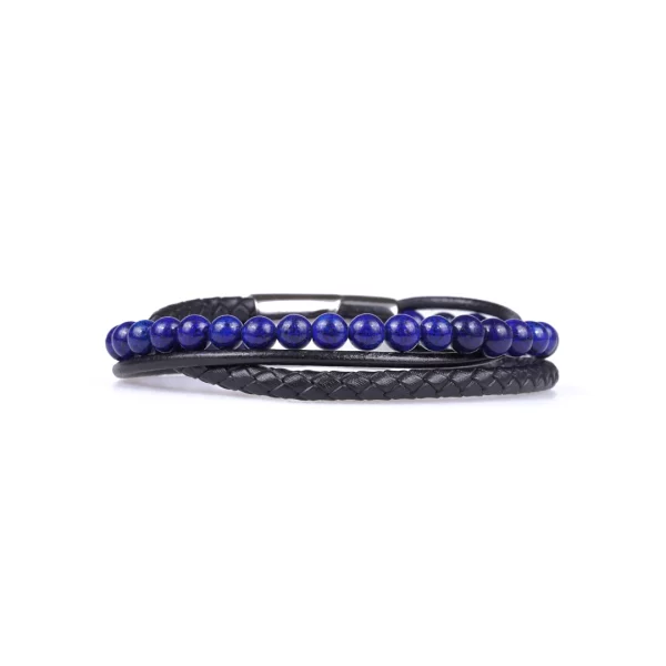 bracelet pour homme en lapis lazuli et cuir synthétique. photo sur fond blanc vue de face
