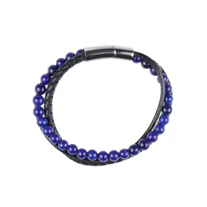 bracelet pour homme en lapis lazuli et cuir synthétique. photo sur fond blanc vue de haut