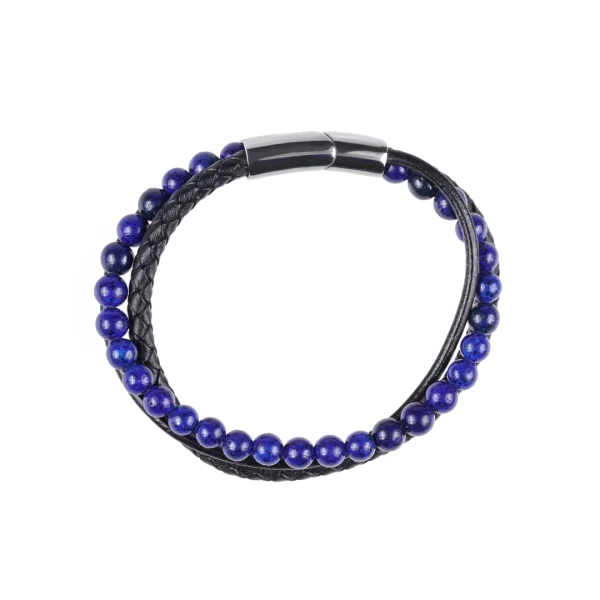 bracelet pour homme en lapis lazuli et cuir synthétique. photo sur fond blanc vue de haut