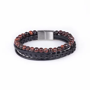 bracelet pour homme en oeil de taureau et cuir synthétique. photo sur fond blanc vue de face