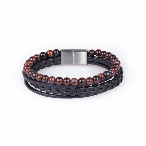bracelet pour homme en oeil de taureau et cuir synthétique. photo sur fond blanc vue de face