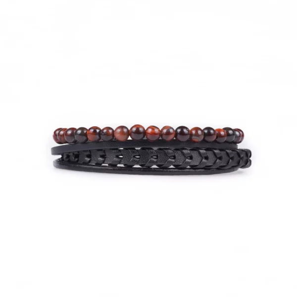bracelet pour homme en oeil de taureau et cuir synthétique. photo sur fond blanc vue de face