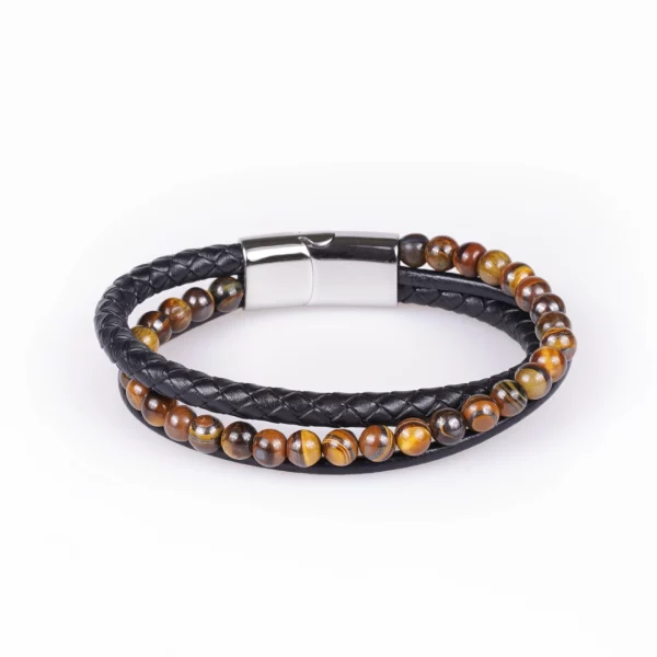 bracelet pour homme en oeil de tigre et cuir synthétique. photo avec fond blanc
