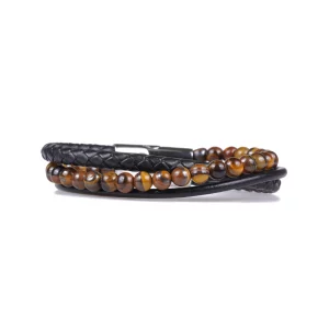 bracelet pour homme en oeil de tigre et cuir synthétique. photo avec fond blanc vue de face