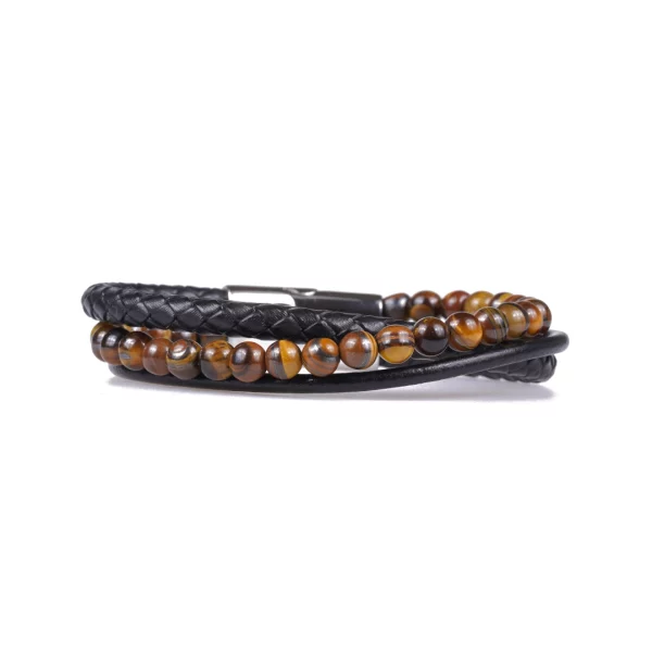bracelet pour homme en oeil de tigre et cuir synthétique. photo avec fond blanc vue de face