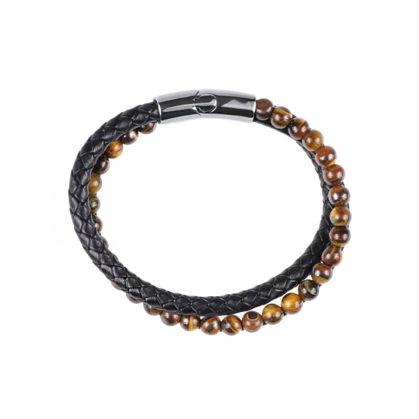 bracelet pour homme en oeil de tigre et cuir synthétique. photo avec fond blanc vue de haut