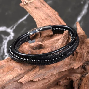 bracelet pour homme en onyx et cuir synthétique. photo avec décors