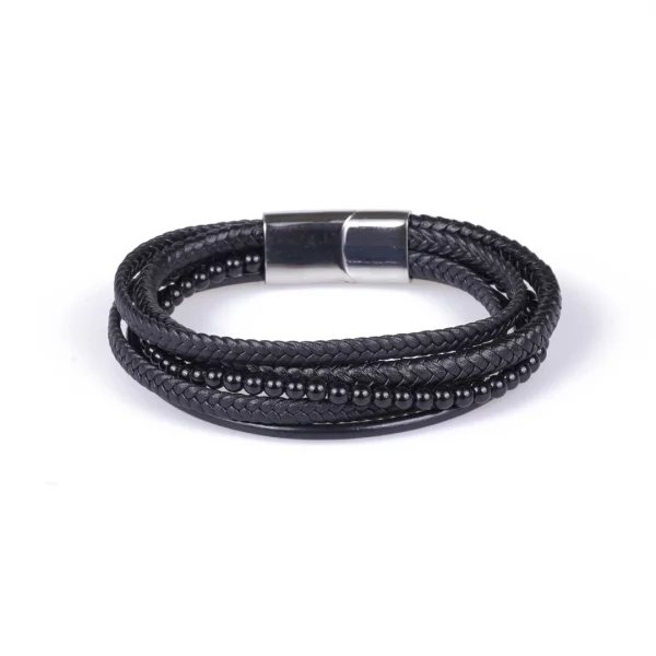 bracelet pour homme en onyx et cuir synthétique. photo sur fond blanc