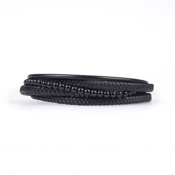 bracelet pour homme en onyx et cuir synthétique. photo sur fond blanc de face