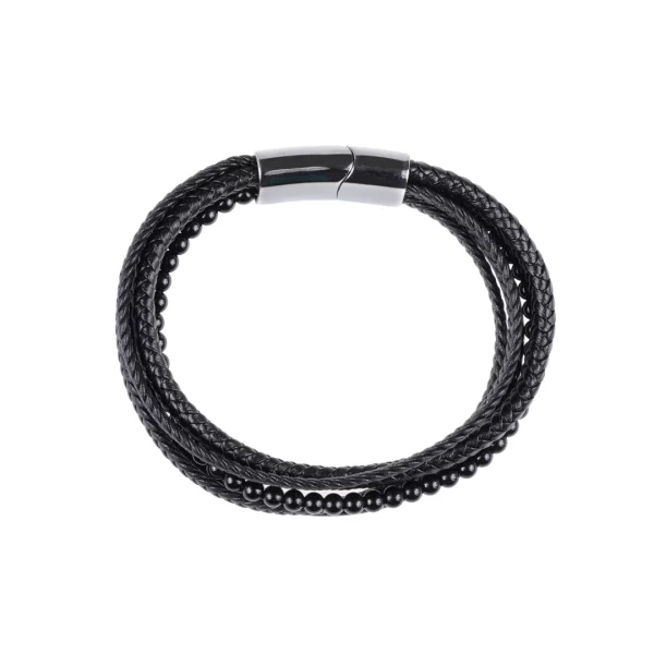 bracelet pour homme en onyx et cuir synthétique. photo sur fond blanc vue de dessus