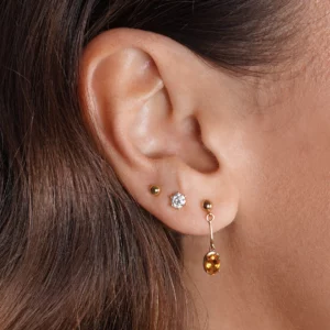 boucles d'oreilles pendantes en citrine et or, photo sur modèle