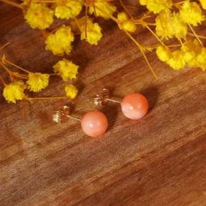 clous d'oreilles en corail rose et or, photo avec décors