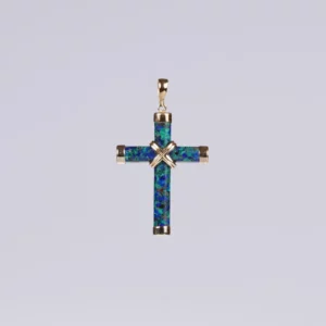 pendentif croix en azurite-malachie et or, photo sur fond blanc