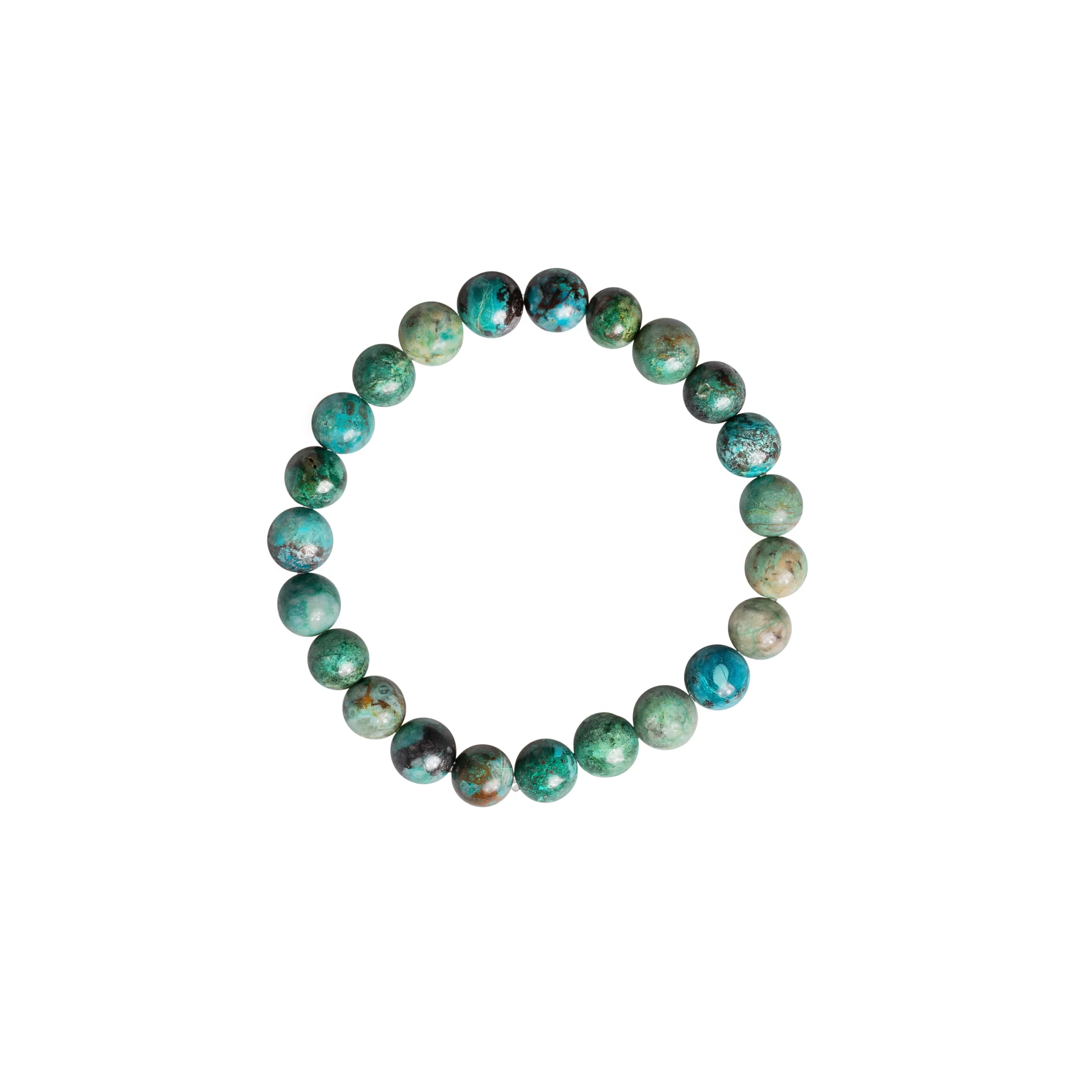 Armband aus Chrysokoll 8 mm, Foto auf weissem Hintergrund von oben gesehen