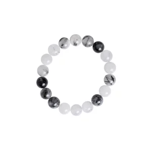 bracelet en quartz tourmaline 10mm, photo sur fond blanc, vue de haut